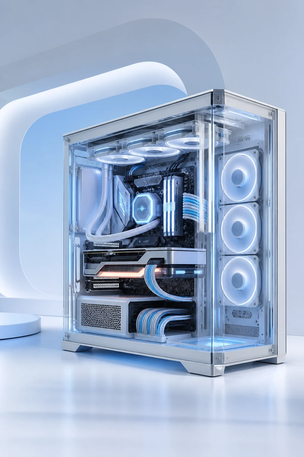 A finished white custom PC with visible components and cooling fans